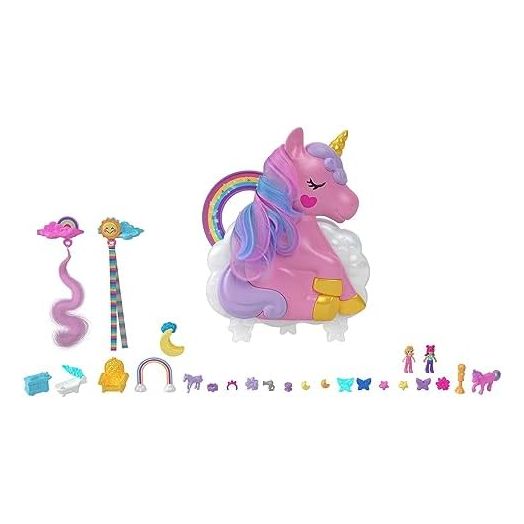 Polly Pocket 2-In-1 Travel Toy, Rainbow Unicorn Salon Styling Head with 2 Micro Dolls & 20+ Accessories