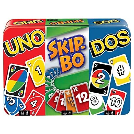 Mattel Games Set of 3 Games with UNO, Skip-Bo & DOS, Travel Games for Kids & Family Night with Storage Tin Box