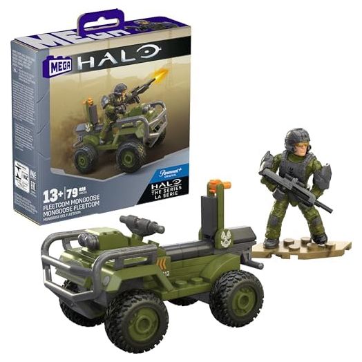 Mega Halo The Series ATV Building Toys Set, FLEETCOM Mongoose Vehicle with 79 Pieces, 1 Poseable Articulation Figure, Green, Kids or Adults