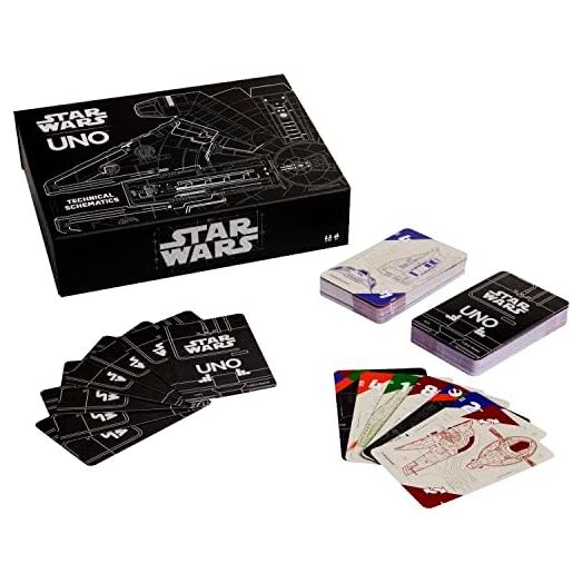 Mattel Games UNO Star Wars Technical Schematics Card Game for Kids & Adults with Blueprints of Space Stations, Ships & Droids
