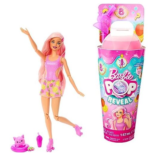 Barbie Pop Reveal Doll & Accessories, Strawberry Lemonade Scent with Pink Hair, 8 Surprises Include Slime & Squishy Puppy