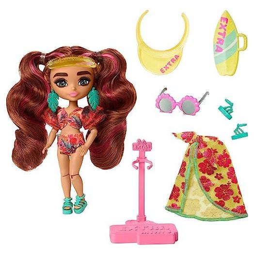 Barbie Extra Fly Minis Travel Doll, Beach Look with Pink-Streaked Pigtails in Swimsuit, Sarong & Accessories