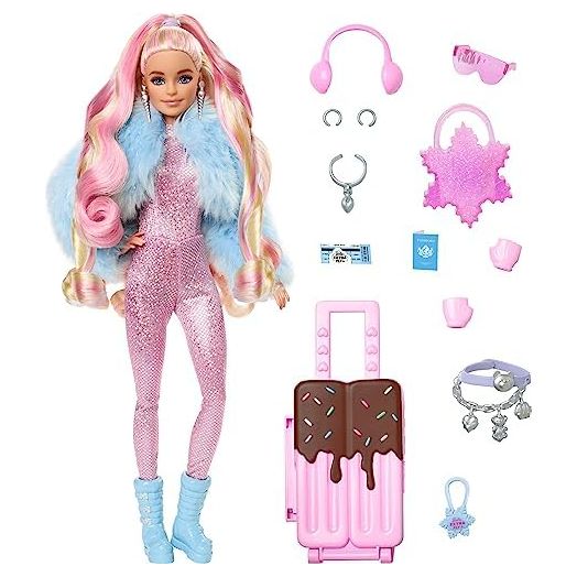 Barbie Extra Fly Doll with Snow-Themed Travel Clothes & Accessories, Sparkly Pink Jumpsuit & Faux Fur Coat