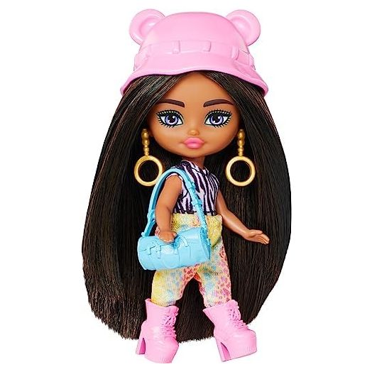 Barbie Extra Mini Minis Travel Doll with Brunette Hair, Zebra-Print Hoodie & Leopard-Print Joggers & Safari Accessories