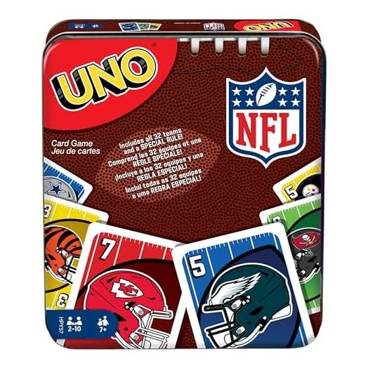 Mattel Games UNO NFL Card Game for Kids & Adults, Travel Game with NFL Team Logos & Special Rule in Storage Tin Box (Amazon Exclusive)
