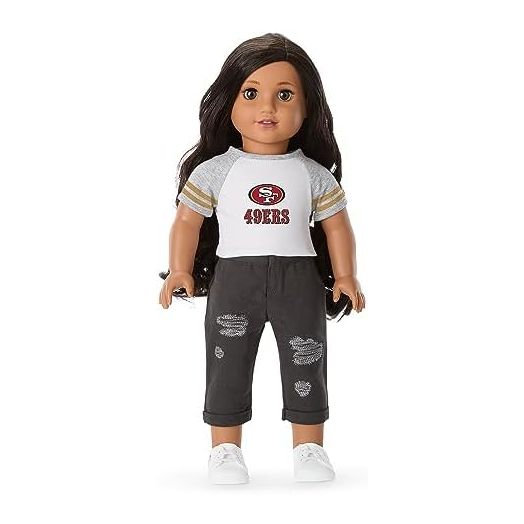 American Girl San Francisco 49ers 18 inch Fan Tee with Crew Neck Striped Short Sleeve, Red and Gold, 1 pcs, Ages 6+