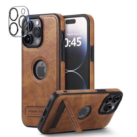 for iPhone 15 Pro Max Leather Case, with Kickstand and Camera Lens Protective Phone case,Shockproof Protective Classic Logo View Slim Case (Brown, iPhone 15 Pro Max - 6.7")