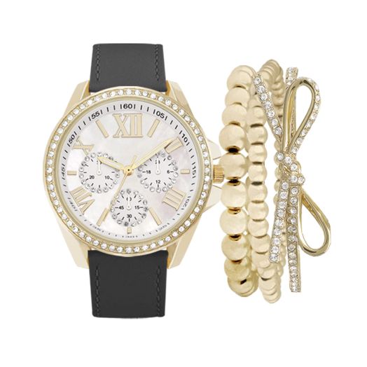 Women's Black Strap Analog Watch with Bow Stackable Bracelets Swarovski Gift Set