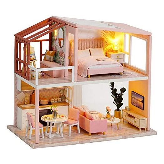 Fsolis DIY Dollhouse Miniature Kit with Furniture, 3D Wooden Miniature House with Dust Cover, Miniature Dolls House kit (QL03)