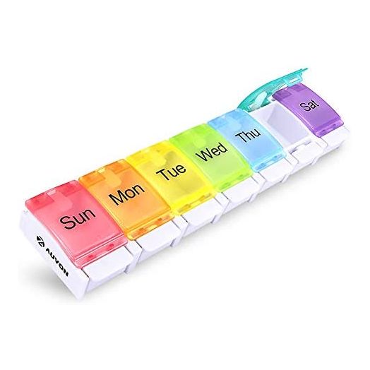 AUVON Weekly Pill Organizer Arthritis Friendly, BPA Free Travel 7 Day Pill Box Case with Spring Open Design and Large Compartment to Hold Vitamins, Cod Liver Oil, Supplements and Medication
