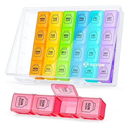 AUVON Extra Large Weekly Pill Organizer 4 Times a Day, 7 Day Pill Box, Daily Pill Case with 28 Compartments, Large Enough to Hold the Large Fish Oils, Vitamins, Supplements and Medication