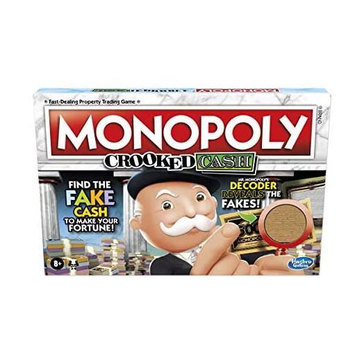 MONOPOLY Crooked Cash Board Game for Families and Kids Ages 8 and Up, Includes Mr Decoder to Find Fakes, Game for 2-6 Players