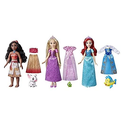 Disney Princess Royal Fashions and Friends, Fashion Doll 3-Pack, Ariel, Moana, and Rapunzel, Toy for Girls 3 Years and Up