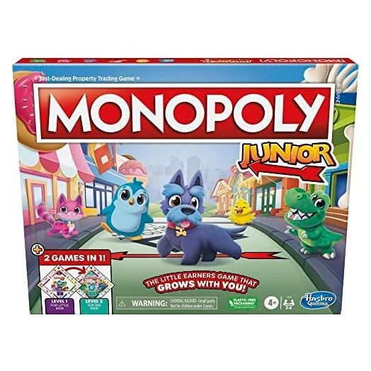 Hasbro Gaming Monopoly Junior Board Game, 2-Sided Gameboard, 2 Games in 1, Monopoly Game for Younger Kids Ages 4 and Up, Kids Games for 2 to 6 Players