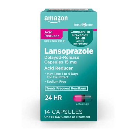 Amazon Basic Care Lansoprazole Delayed Release Capsules, Proton Pump Inhibitor, Treats Frequent Heartburn, Day or Night, 14 Count