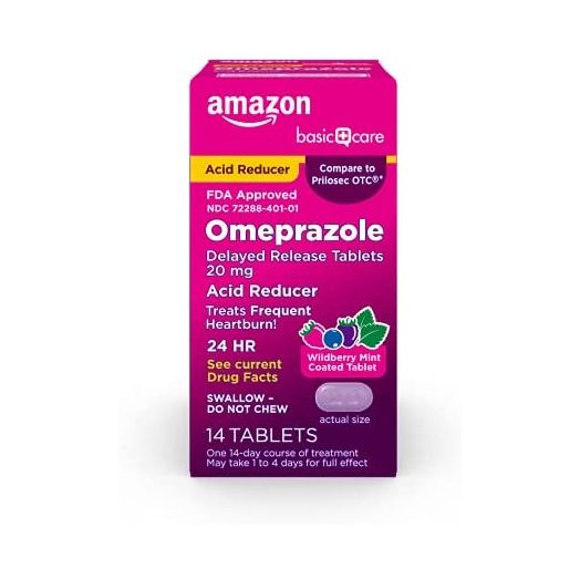 Amazon Basic Care Omeprazole Delayed Release Tablets 20 mg, Acid Reducer, Wildberry Mint Coated Tablet, 14 Count