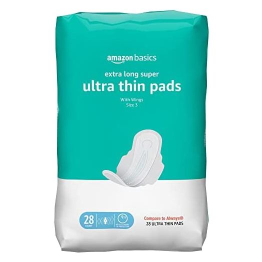 Amazon Basics Ultra Thin Pads with Flexi-Wings for Periods, Extra Long Length, Super Absorbency, Unscented, Size 3, 28 Count, 1 Pack (Previously Solimo)