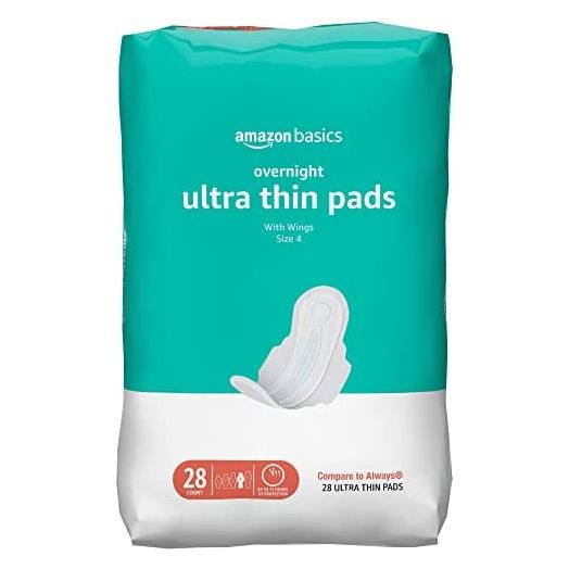 Amazon Basics Ultra Thin Pads with Flexi-Wings for Periods, Overnight Absorbency, Unscented, Size 4, 28 Count, 1 Pack (Previously Solimo)