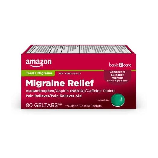 Amazon Basic Care Migraine Relief Geltabs, Acetaminophen, Aspirin (NSAID) and Caffeine, 80 Count