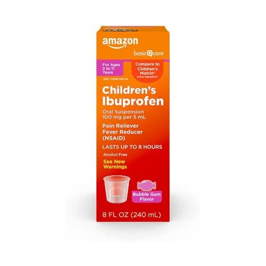 Amazon Basic Care Children's Ibuprofen Oral Suspension 100 mg per 5 mL, Pain Reliever and Fever Reducer (NSAID), Bubble Gum Flavor, 8 Fl Oz