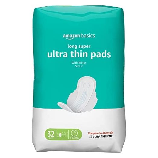 Amazon Basics Ultra Thin Pads with Flexi-Wings for Periods, Long Length, Super Absorbency, Unscented, Size 2, 32 Count, 1 Pack (Previously Solimo)