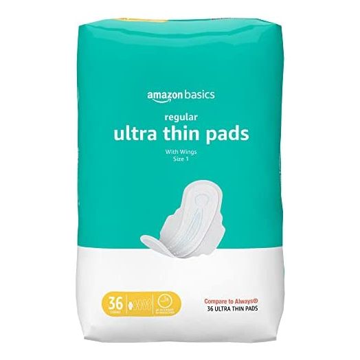 Amazon Basics Ultra Thin Pads with Flexi-Wings for Periods, Regular Absorbency, Unscented, Size 1, 36 Count, 1 Pack (Previously Solimo)