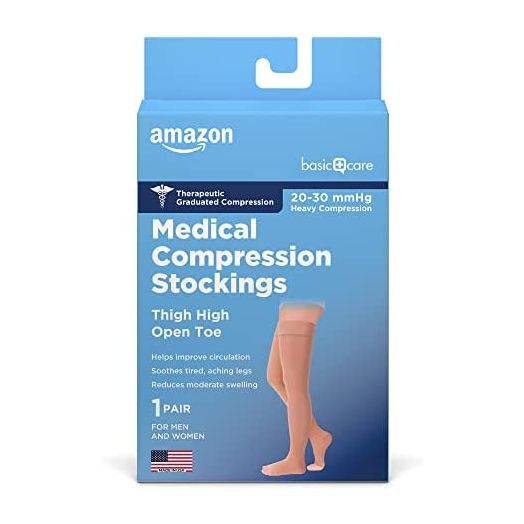 Amazon Basic Care Medical Compression Stockings, 20-30 mmHg Support, Women & Men Thigh Length Hose, Open Toe, Beige, Medium (Previously NuVein)