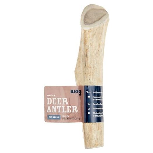 Amazon Brand - Wag Deer Antler Chew for Dogs, Naturally Shed, Whole, Medium 6 - 7.5 inches, Best for Dogs 15-30 lbs, 1.80 Ounce (Pack of 1)