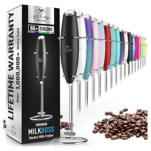 Zulay Original Milk Frother Handheld Foam Maker for Lattes - Whisk Drink Mixer for Coffee, Mini Foamer for Cappuccino, Frappe, Matcha, Hot Chocolate by Milk Boss (Black)