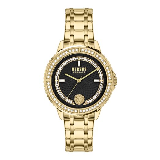 Versus Versace Montorgueil Collection Luxury Womens Watch Timepiece with a Gold Bracelet Featuring a Gold Case and Black Dial