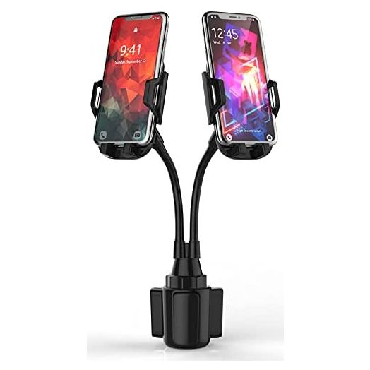CAVIANA Dual Phone Holder for Car Cup Holder – Long Flexible Neck, 360° Rotatable Car Phone Mount - Adjustable Cell Phone Cup Holder, Universal Size Fits 2 iPhone, Samsung, GPS and More (Cradle)