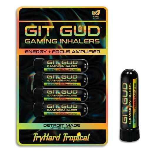 GIT GUD Gaming Vapor Inhaler | Energy + Focus Amplifier for Esports Athlete Gamer | Stimulating Aromatherapy Scent | Portable Pre Workout Performance Disposable | TryHard Tropical (4 Pack)