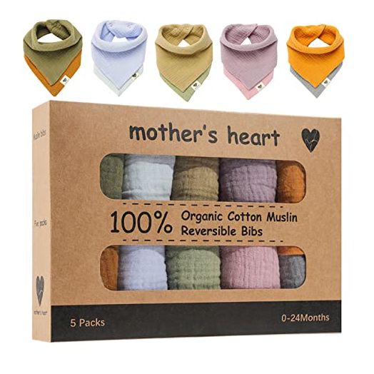 Mother's Heart Organic Bandana Drool Bibs - Natural Cotton Muslin Baby Bibs - Highly Absorbent Polyester-Free and Plastic-Free for Teething - Set of 5 Solid Color Bandanas for Girls
