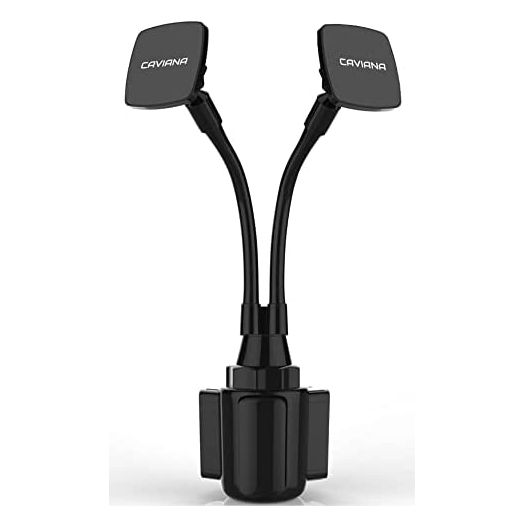 CAVIANA Dual Phone Holder for Car Cup Holder – Long Flexible Neck, 360° Rotatable Car Phone Mount - Adjustable Cell Phone Cup Holder, Universal Size Fits 2 iPhone, Samsung, GPS and More (Magnetic)