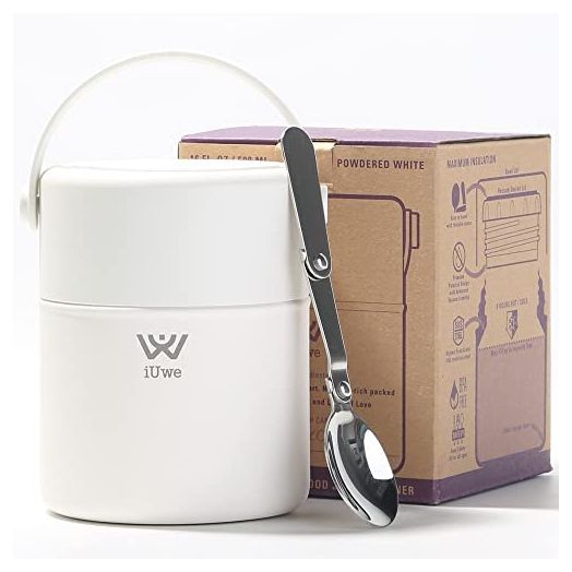 iUwe 16 oz Food Thermos for Hot Food Thermos for Adult Kids Teens Toddler. 316L Stainless Steel Insulated Food Jar with Spoon for Work. Leak Proof Hot or Cold Food Lunch Box for School College (White)