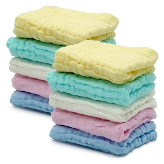 10 Pcs Baby Muslin Washcloths Set (12”x12”), 6 Layers Multi-Colored Baby Washcloths Made of 100% Organic Cotton Highly Absorbent and Ultra Soft Wash Cloths for Your Baby