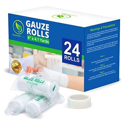 Gauze Rolls Individually Wrapped Pack of 24, 4 Inches x 4.1 Yards, Premium Quality Conforming Bandages with Medical Tape