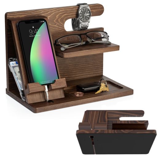 Nightstand Organizer for Men with Non-Slip Base - Premium Wood Phone Docking Station for Men - Wooden Docking Station Men - Hand Crafted Docking Station for Dad - Classy Mens Organizer Station