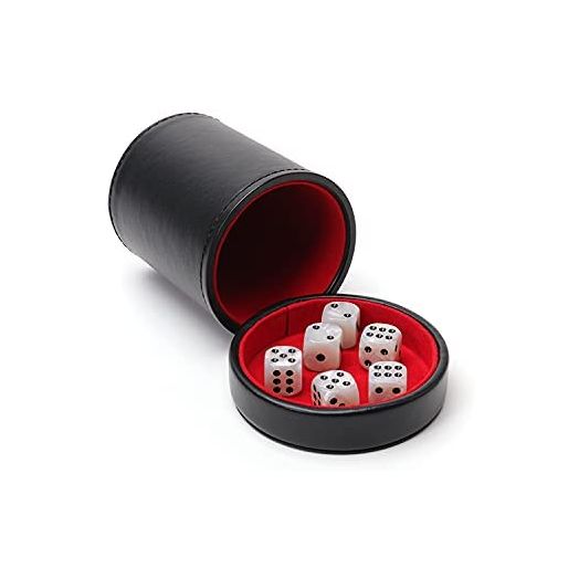 Luck Lab Black Leather Dice Cup with Lid Including 6 Matching Pearl Dice, Red Velvet Interior for Quiet Shaking