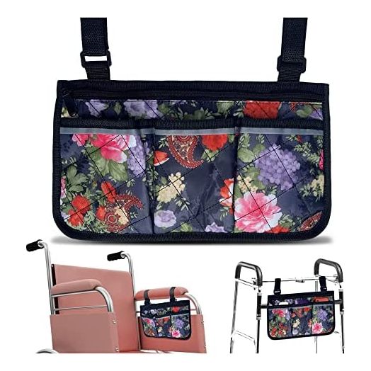 Wheelchair Bag (armrest, Back Handle) - Walker Storage Pouches - Waterproof Wheel Chair & Walker Accessories Organizer - Unique Floral Design, Mother’s Day Gift