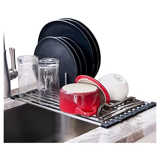 Over Sink Dish Drying Rack, Roll Up Dish Drying Rack, Above Sink Drying Rack for Kitchen Counter, Compact RV Sink Dish Drying Rack, Collapsible Dish Drainer, Space Saving Kitchen Sink Accessories