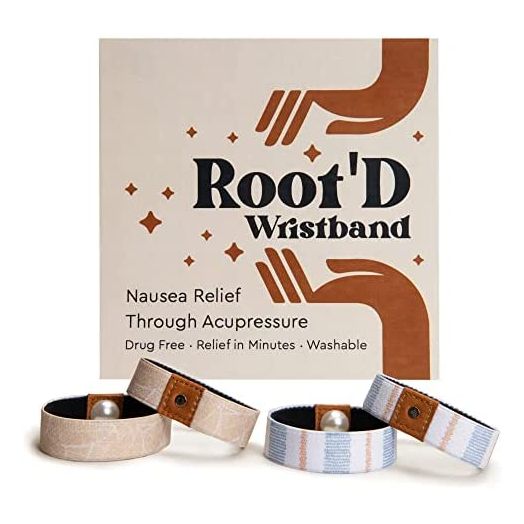 Root'd Nausea Relief Acupressure Wristbands (2 Pairs) | Alleviate Nausea from Motion Sickness (Sea, Car, Plane), Morning Sickness/Pregnancy, Migraines, Vertigo, Hangovers (Medium, Blue Striped + Tan)