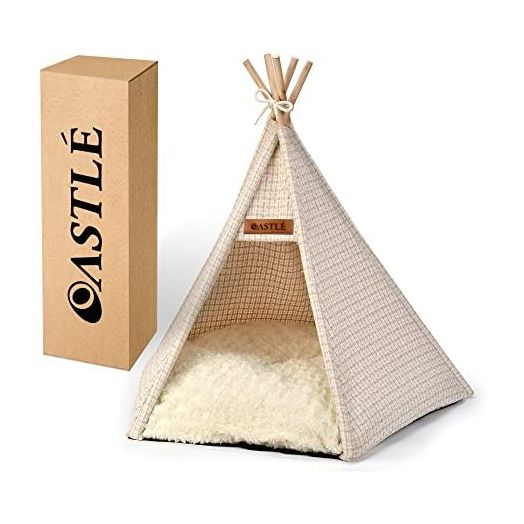 OASTLÉ Dog Teepee, Small to Medium Pet Teepee Bed with Thick Plush Pad, 27 Inch Tall, Cat Teepee and Dog Tent Bed for Pets Up to 25lbs