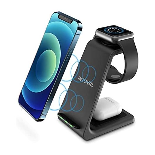 Intoval Wireless Charging Station, 3 in 1 Charger for Apple iPhone/iWatch/Airpods,iPhone 13,12,11 (Pro, Pro Max)/XS/XR/XS/X/8(Plus),iWatch 7/6/SE/5/4/3/2,Airpods Pro/3gen (A3,Black)