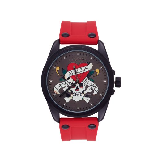 ED HARDY Singles Men's Quartz Movement Skull Print Artwork Dial/Matte Red Analog Watch