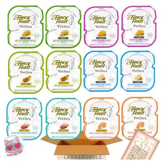 Fancy Feast Petites Wet Cat Food Variety Pack (24 Servings/12 Pack/6 Flavors) Salmon, Chicken, Whitefish, Tuna, Salmon, Grilled Chicken with Rice with LarasBundle Sticker