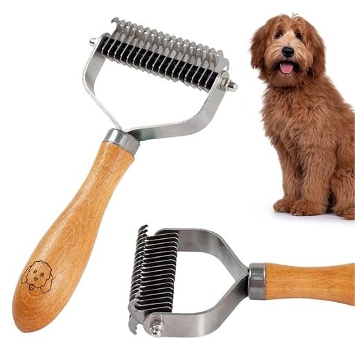 Pet Dematting Comb for Dogs and Cats with Wood Handle, Deshedding Undercoat Rake for Dogs with Stainless Steel Blades, Dog Comb for Detangling Thinning and Shedding, All Hair Types [We Love Doodles]