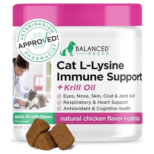 Balanced Breed L-Lysine Cats Immune Support Soft Chews Made in USA Non-GMO Vet-Pharmacist Approved Omega 3 Krill Oil Cat Vitamins Indoor Cats Supplements Cat Asthma Relief Cats Lysine Allergy Relief