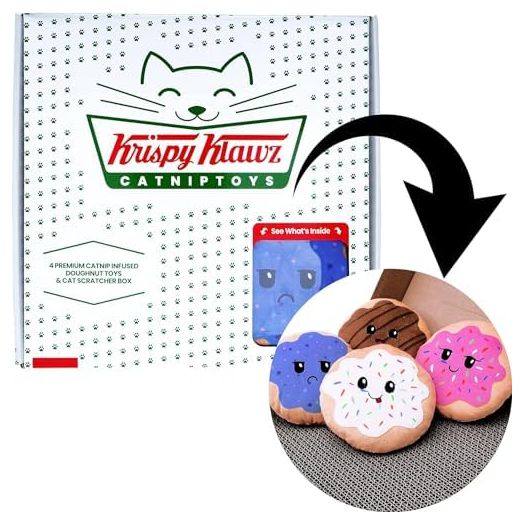 Krispy Klawz Donut Cat Toys - Cute Funny Birthday Gift for Cats, Includes 4 Donut Shaped Catnip Toys & Thick Cardboard Cat Scratch Pad