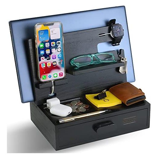 Wood Phone Docking Station for Men and Women with Drawer, Stylish Nightstand Organizer for Men, Wood Docking Station, Husband Gift, Gadgets, Watch, Wallet ,Key, and Cell Phone Holder